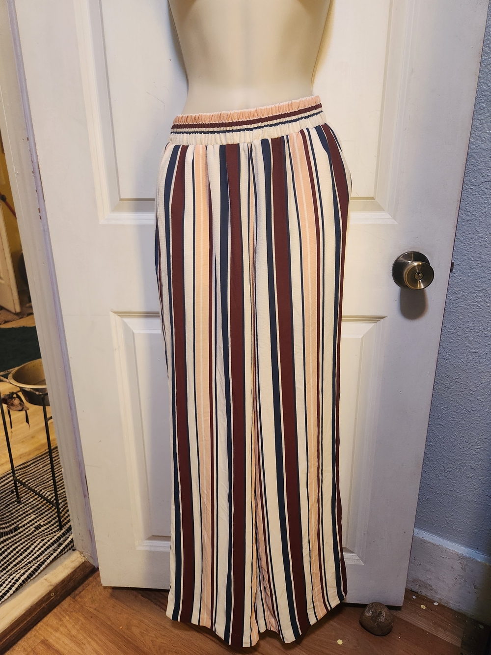 Forever 21 Striped Elastic Waist Palazzo Pants - Cream, Navy & Burgundy